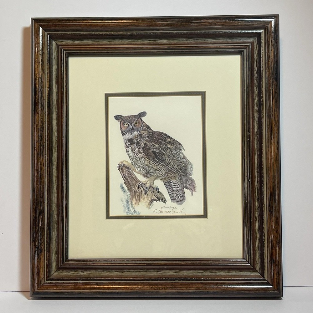 Vintage E. Darrell Smith Great Horned Owl Hand Signed Wildlife Print Framed 16"